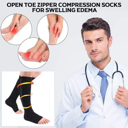Image of Nuanchu 3 Pairs Open Toe Zipper Compression Socks 20-30mmhg Zipper Compression Toeless Knee High Socks for Men Swelling Edema