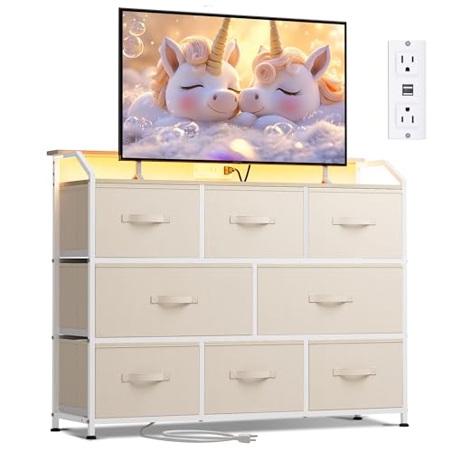 Image of WLIVE Led Dresser for Bedroom, TV Stand for Bedroom with LED Lights and Power Outlet, Wide Chest of Drawers for Hallway, 8 Fabric Drawers for Living Room and Entryway, Cream White