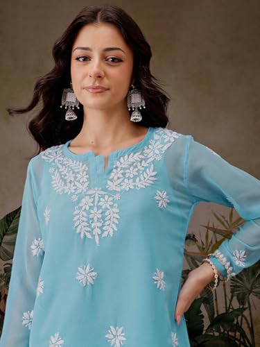 Image of Ada Women's & Girl's Georgette Hand Embroidered Lucknow Chikankari Regular Fit Short Kurti Top with Slip A911300