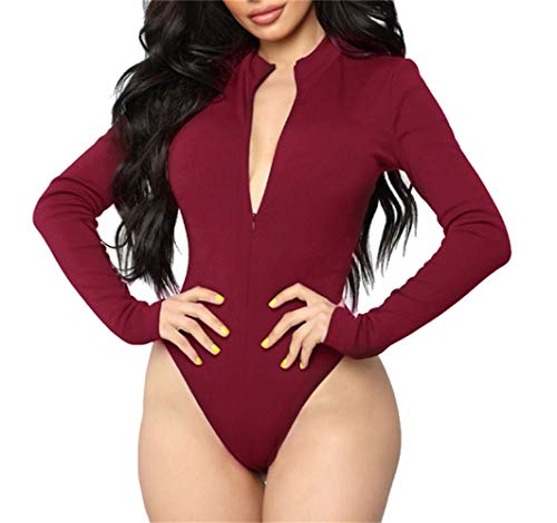 GEMBERA Womens Long Sleeves Quarter Zip Sexy V Neck Ribbed Bodycon Bodysuit Top Christmas Red Burgundy S