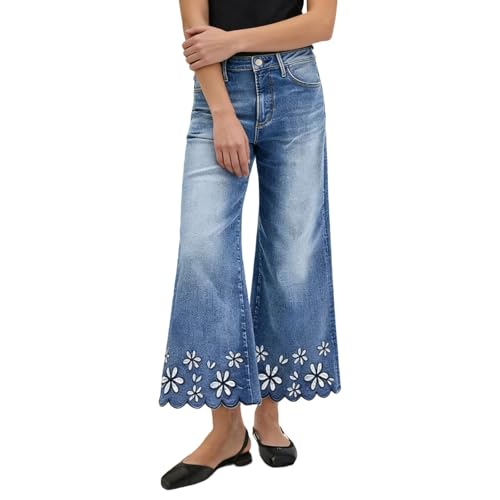 Jean évasé brodé en denim haut de gamme pour silhouette élancée