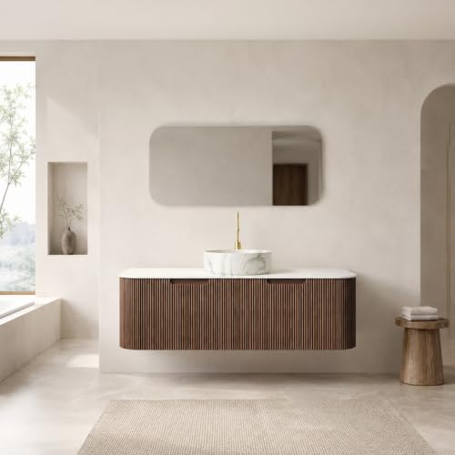 48" Floating Bathroom Vanity with Sink, Wall Mounted Plywood Cabinet, Walnut Fluted Front, Sintered Stone Countertop, White Marble-Look Round Ceramic Vessel Sink, Soft-Close Drawer, Pre-Assembled