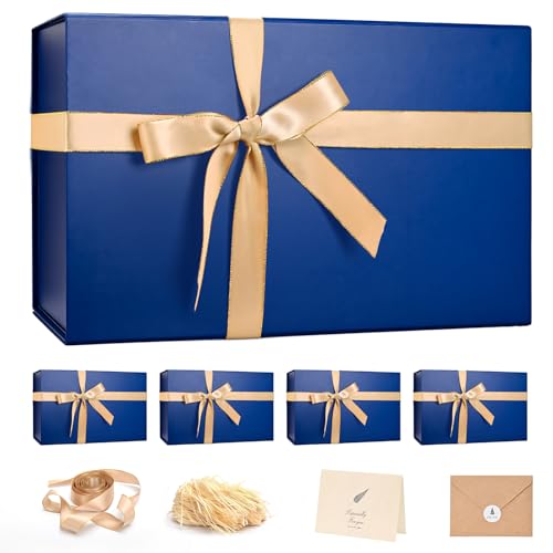 Image of LIFELUM Blue Gift Box with Magnetic Lids for Presents, 14 inchx8.5 inchx4.5 inch | with Ribbon, Greeting Card & Shredded Filler for Groomsmen, Wedding, Business & Birthday, 5 Pack