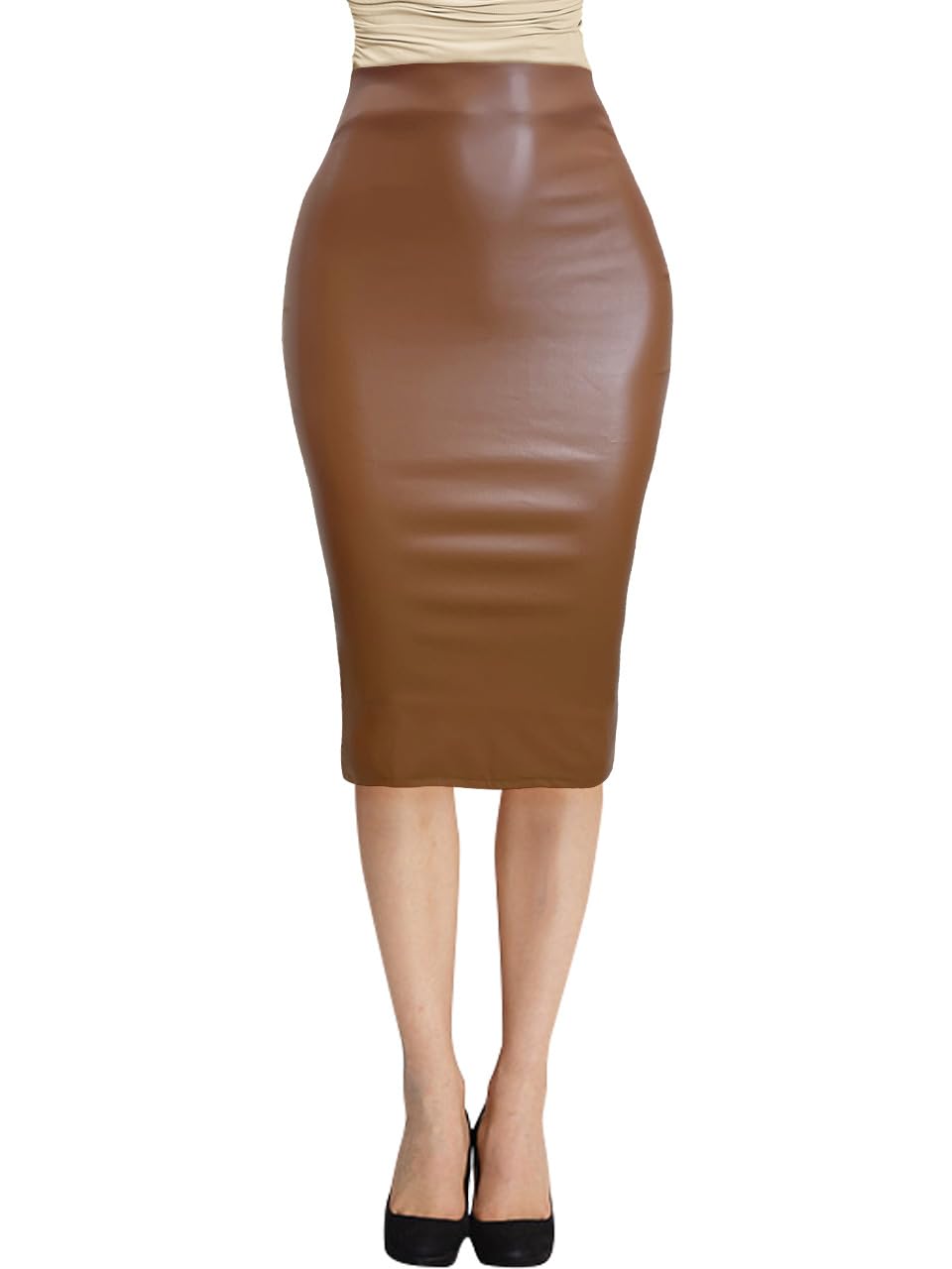 Women's Faux Leather Pencil Skirt, High Waist Midi Length with Double Zipper: Small Brown