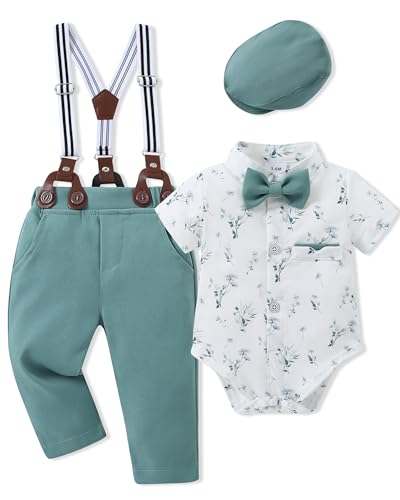 Image of SOLOYEE Baby Boy Clothes Suits 3-24M Infant Gentleman Outfits, Short Sleeve Shirt+Bowtie+Beret+Suspender Pants Clothing Set