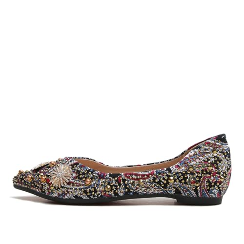 HIPPOSEUS Women's Rhinestone Flats Shoes Pointed Toe Ballet Flats Bohemia Style Shoes
