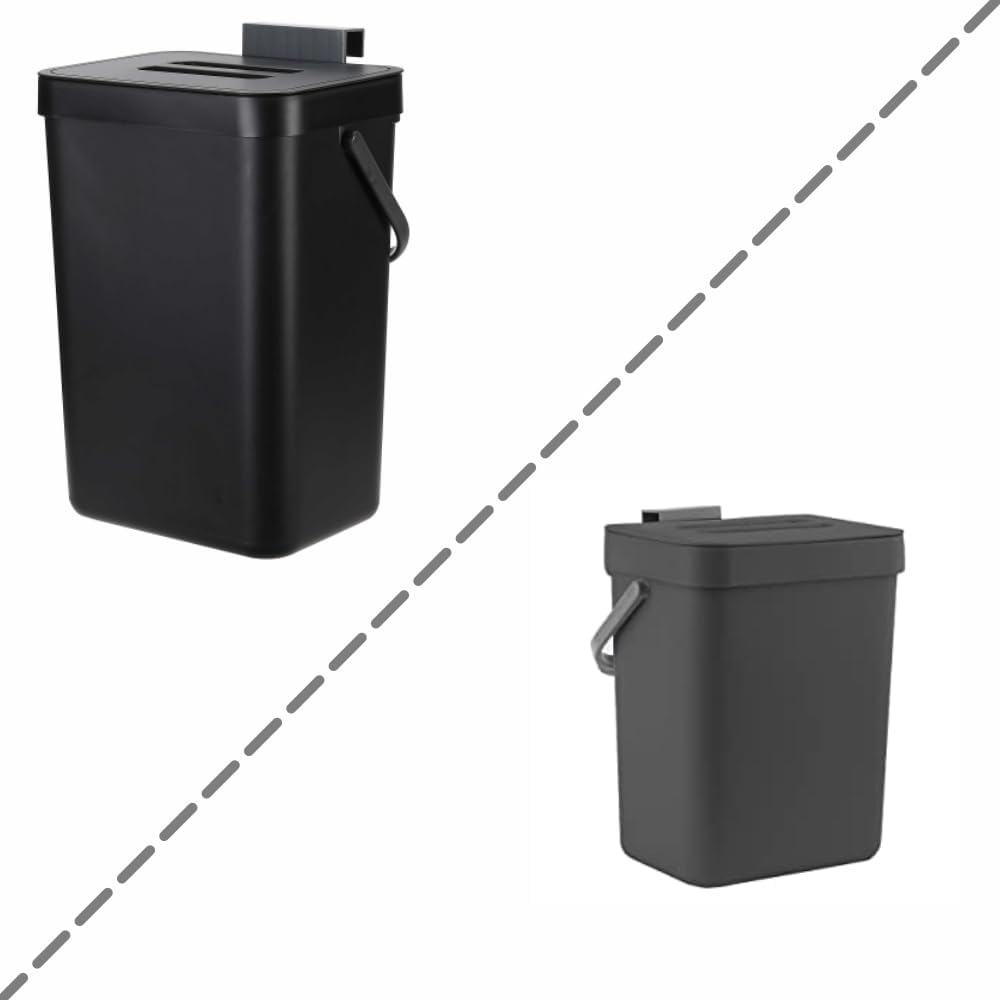 1.3 Gallon/ 5L Compost Bin Indoor Kitchen and 3.2 Gallon/12L Small Trash Can with Lid for Kitchen Cabinet，Black
