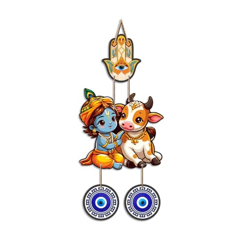 Image of Artvibes Gopal Krishna with Cow Evil Eye Wall Decor for Home Office | Nazar Suraksha Hanging for Entrance Living Room | Bedroom | Temple | Spiritual Good Luck Gift Item (WH 8575N)