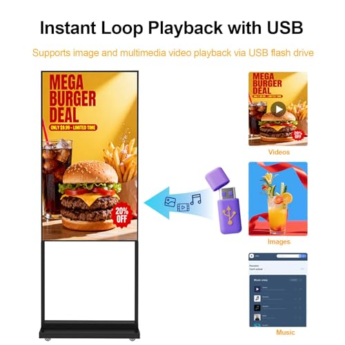 Image of 43 Inch Floor Standing Digital Signage, 700nits High Brightness Advertising Display, Digital Signage with CMS /U-Disk Plug&Play, Split Screen, 7 /24 Timer Switch,HDMI /USB /WiFi /Android OS