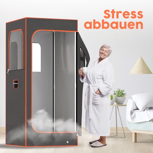 Adamson Sauna Indoor - Dampfsauna für zuhause - Saunazelt für Entspannung im Heim-Spa + 2,6L 1000W Dampfgerät + Stuhl + Fernbedienung + Fußmassager - Nylon Orange