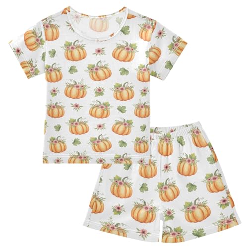 Pajama Short Sets Pumpkin Floral Pattern Soft Cotton Summer Sleepwear 2 Piece PJS Size 5-14T