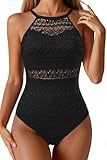 Holipick Black Crochet Tummy Control One Piece Swimsuit Modest Bathing Suit High Neck Full Coverage Swimwear M
