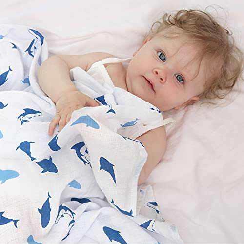 Daysu Muslin Swaddle Blankets For Newborn Babies, Breathable Cotton Baby Muslin Blankets For Boys, Large 47”X47”, Set Of 3 - Blue/Dolphin/Star #TOP1