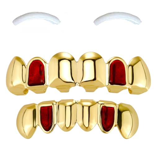 SSyang 18K Hip Hop Teeth Grills for Mouth Braces Decoration with 2 Silicone Moldings Teeth Grills for Mouth Top Bottom Music Festival Party Hip Hop Rapper Decorations (Luminous Red+Gold)