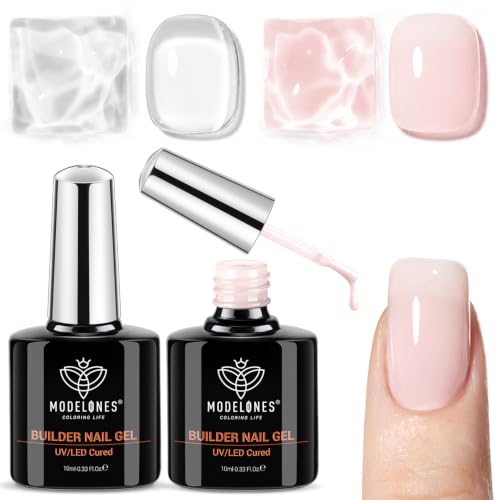 modelones Builder Nail Gel, 2 Pcs Clear and Cover Nude Builder Base Coat