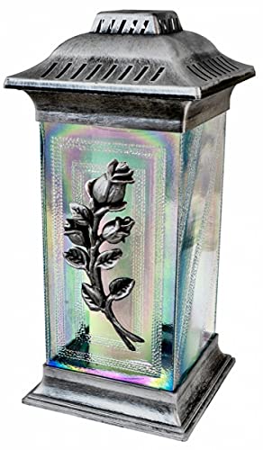 Importer AM 3D Rose Cemetery Memorial Candle | Gravesite Remembrance Decoration | Glass Lantern European Style Candle Holder | Home & Garden Decor, Outdoor and Indoor Use (Rose, Silver)