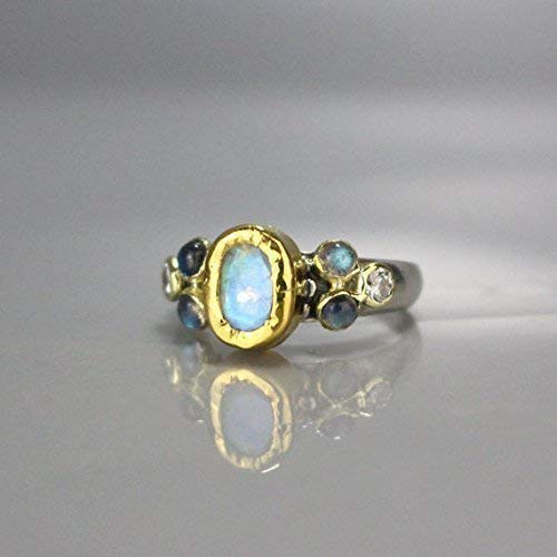 22K Solid Gold and Sterling Silver Rainbow Moonstone Labradorite Diamond Engagement Ring, Vintage Style Wedding Ring