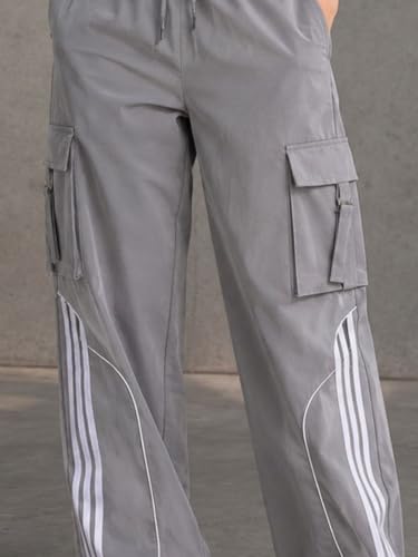 Image of Women's Grey Wide Leg Cargo Track Pants Casual Streetwear Striped Jogger Trousers