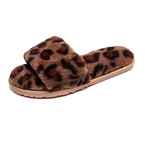 Crazy Lady Women's Fuzzy Fluffy Furry Fur Slippers Flip Flop Open Toe Cozy House Sandals Slides Soft Flat Comfy Anti-Slip Spa Indoor Outdoor Slip On (5.5-6.5 Narrow, 05/Coffee) #TOP19