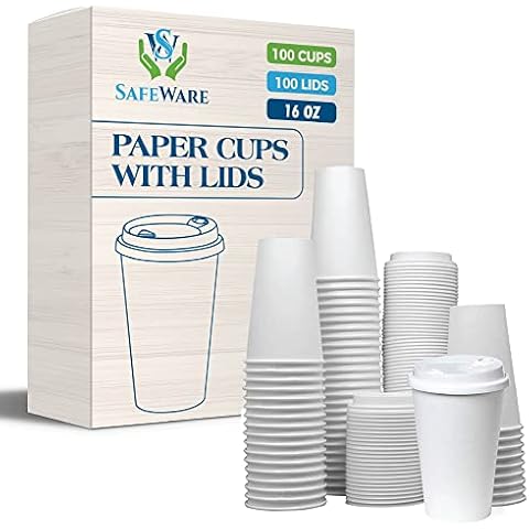 SafeWare Disposable Coffee Cups with Lids 16 oz (100 Set) - To Go Coffee Cups, | Hot Beverages | Expresso | Tea | Coffee | Latte | Hot Chocolate - Poly- Coated with Rolled Edge Cover