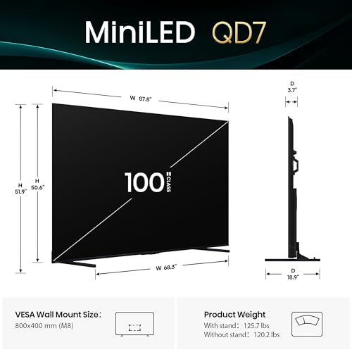 Image of Hisense 100 inch Class QD7 Series Mini-LED 4K UHD Smart Fire TV (100QD7QF, 2025 Model) - QLED, 144hz, HDR10+, Dolby Vision, Dolby Atmos, Game Mode Pro, ALLM, Alexa Built in with Voice Remote, Black