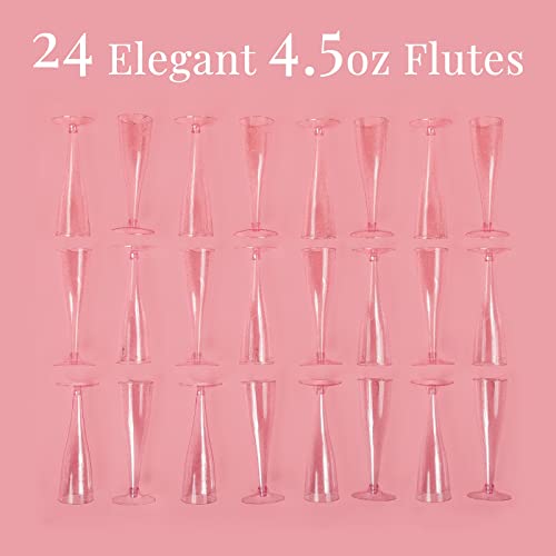 Prestee 24 Champagne Flutes Plastic | Disposable Champagne Flute | Rose Gold Glitter Plastic Champagne Glasses For Parties | Mimosa Bar, Wedding, & Shower Party Supplies | Plastic Party Glasses (Gold) #TOP1