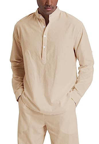 SIENDIU Herren-Leinensets, Henley-Shirts, 2-teilig, Urlaubs-Outfits, Strandkleidung, Freizeitanzug, Langarm-Shirt, Yogahose, Sommer, khaki, L