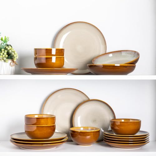 Image of LeRatio Ceramic Dinnerware Sets for 6,18-Piece Plates and Bowls,Handmade Reactive Glaze Dishes Set,Chip Resistant and Scratch Resistant | Oven Dishwasher & Microwave Safe,Service for 6-Kahki