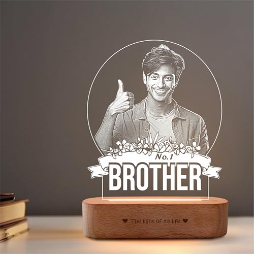 Image of ZOCI VOCI Personalized Rakhi Gift for Brother - No.1 Brother Custom UV Printed LED Photo Lamp, Warm White Acrylic Night Lamp with Wooden Base, Customized Rakshabandhan Gift