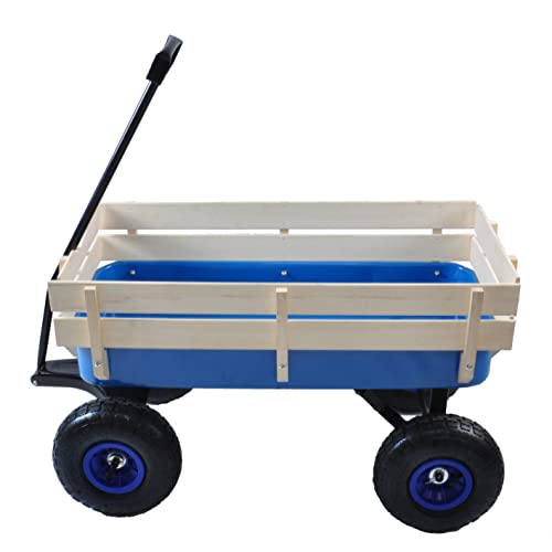Outdoor Sport Wagon All Terrain Pulling Kids' Pull-Along Wagons w/Wood Railing Air Tires Big Foot Panel Wagon w/Removable Wooden Side Panels Weight Capacity 176 LBS Sturdy Steel Wagon Bed (Blue)