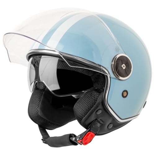 VINZ Arenas Jethelm mit Doppelvisier | Roller Helm mit Streifen & mit Sonnenblende | In Gr. XS-XXL | ECE 22.06 Zertifiziert | Motorradhelm mit Visier | Viele Farben Erhältlich - Hellblau