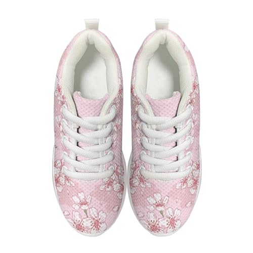 Mesh Tennis Shoes for Girls Non Slip Lightweight Sports Running Shoes Cat Cherry Blossom Athletic Sneakers Breathable Comfortable Casual Shoes for Outdoor Walking Hiking White US 122