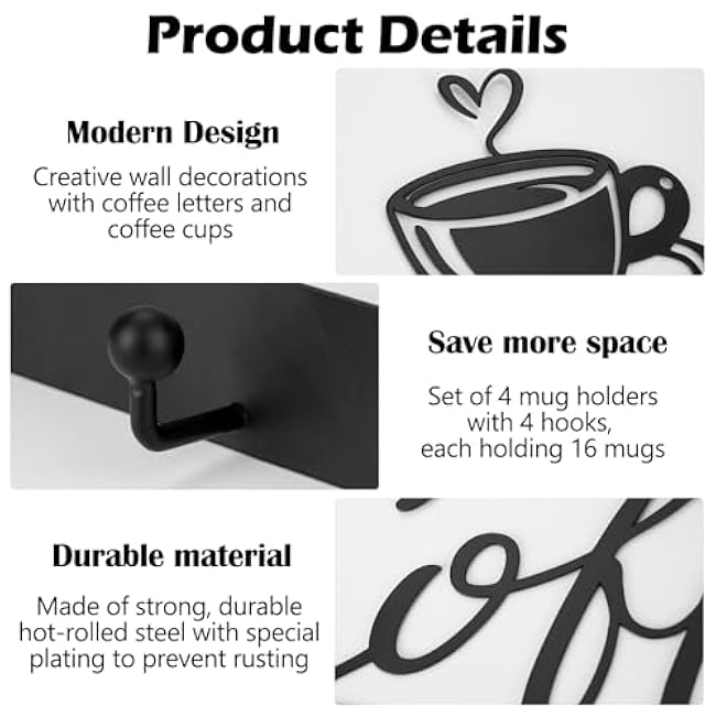 Coffee Mug Holder Wall Rack, Mug Rack Wall Mounted with 16 Heavy Duty Hooks, Storage Metal Cup Organizer Display Coffee Cups Sign for Kitchen Bar, Set of 4, Black