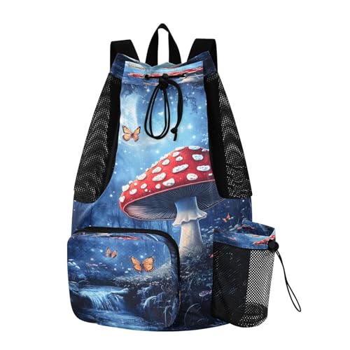 Mesh Gym Swimming Bags for Men & Women, Fantasy Forest Mushroom Butterfly Large Drawstring Backpack with Dry-Wet Pocket, Lightweight Gym Bag for Sports, Travel, Beach, Workout Gear