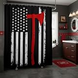 Castle Fairy Firefighter Shower Curtain American Flag Bathroom Shower Curtain Set for Kids Adult Fireman Bath Curtain Red Black White Waterproof Curtains Room Decor 72 x 72 Inch