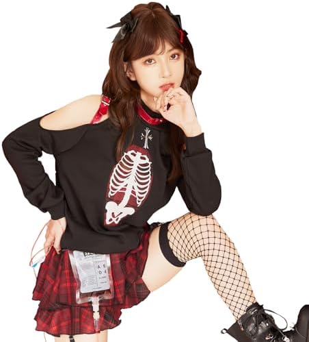 [Malymoon] ハロウィン コスプレ チェックスカート ヴァンパイア ロック レッド ホワイト ブラック コスチューム 衣装 仮装 十字架 おそろい 色違い レディース 大人 女性 ハロウィン 9点セット【9956】 詳細画像1