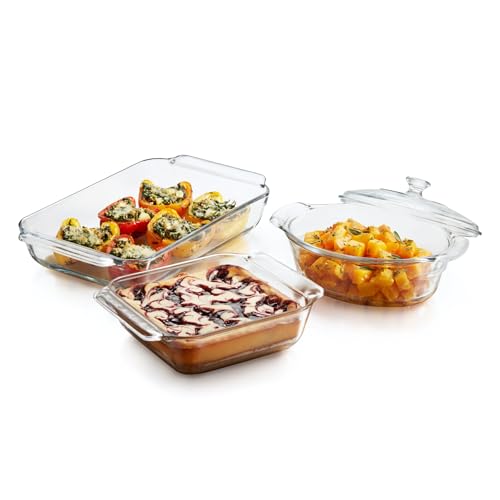 Libbey Baker's Premium 3-Piece Glass Casserole Baking Dish Set with 1 Cover
