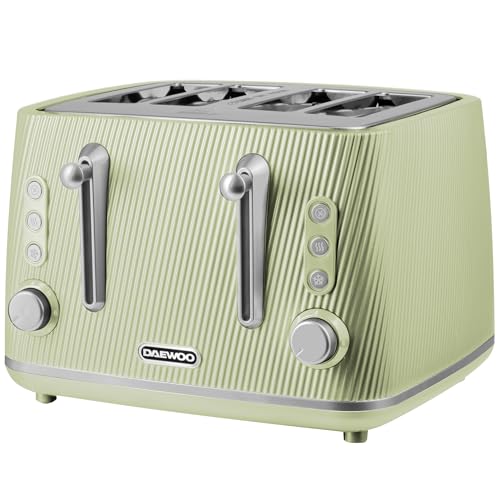 Image of Daewoo Cascade 4 Slice Toaster – Sage Ribbed Finish, Dual Independent Controls, Adjustable Browning, Cancel, Reheat & Defrost Functions, Removable Crumb Trays