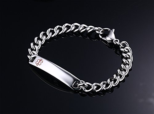 Custom Free Engraving- 8Mm High Polished Surgical Steel Chain Medical Alert Id Bracelets For Women And Men (Steel Color/Red Symbol, Custom Engrave***) #TOP4