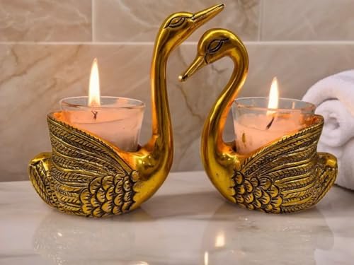 Image of Mruli Krishna Swan Tealight Candle Holder Set, Gold Metal, 13.5 cm Height, 14 cm Length, 2 Pieces