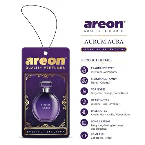Image of AREON Luxury Aurum Aura SS02 Car Hanging Air Freshener - Premium Car Perfume, Long Lasting Vehicle Air Freshener, Stylish Hanging Scent for Interior Freshness - (Pack of 3)