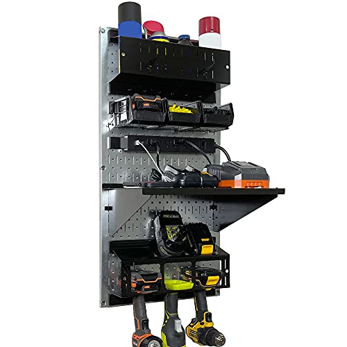 Wall Control Power Tool Storage Organizer Kit Cordless Drill Holder Charging Station Rack 16 x 32 Metal Pegboard Organization System (Metallic Pegboard)