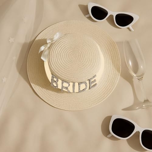 Image of Wanna Party Bride Sun Hat Brim Straw Floppy Bride Beach Hat for Women Bridal Honeymoon Wedding Party, Engagement, Bridal Shower,Bachelorette Party