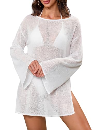 Image of Beach Swimsuit Cover Up Women Dress Bathing Suit 3XS-6XL | Sparkle Lightweight Sheer Sexy Plus Size Crochet Mesh Kaftan Long Sleeve One Piece Vacation Outfits Top Pool Summer Resort