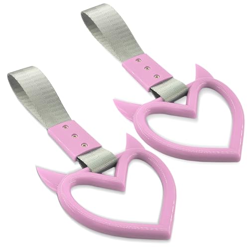 Image of 2PCS Heart shaped Car Handle Straps, Heart Car Accessories, Ring Hearts Shaped Cars Hand Strap Drift Charm, Universal Handle Keychains Accessory Suitable for Cars Bus (Pink+silver)