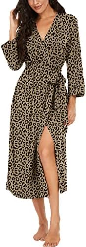 VINTATRE Women Kimono Robes Long Knit Bathrobe Lightweight Soft Knit Sleepwear V-neck Casual Ladies Loungewear FP-Leopard Khaki-Large