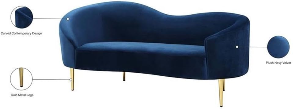 Meridian Furniture Ritz Collection Modern | Contemporary Velvet Upholstered Loveseat with Sturdy Metal Legs in Rich Gold Finish, Navy, 67" W x 31.75" D x 30.5" H