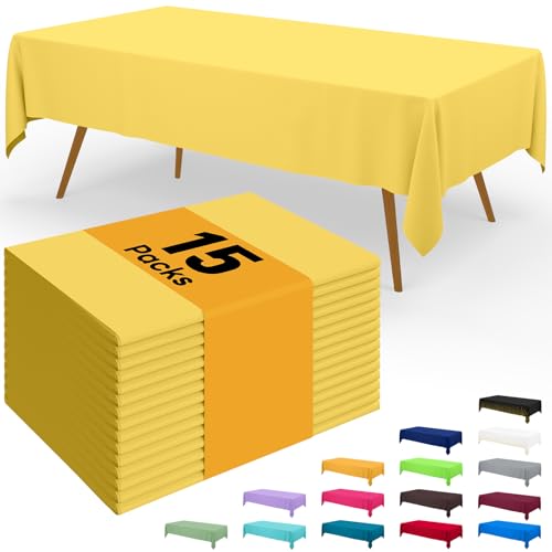 Image of Smiry Disposable Table Cloth - 15 Pack, 54 x 108 Inch Waterproof Rectangle Tablecloths for Parties, Decorative Plastic Table Cover, Leakproof & Sturdy, Yellow