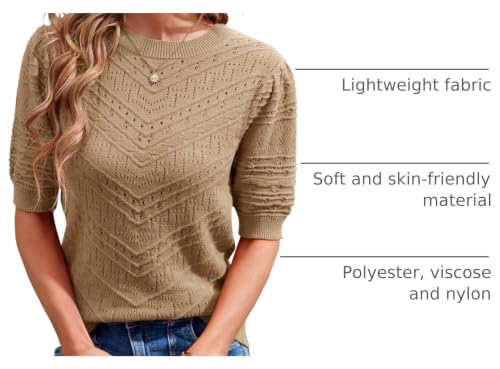 Image of Womens Puff Short Sleeve Sweater Summer Crew Neck Ribbed Knit Pullover Tops