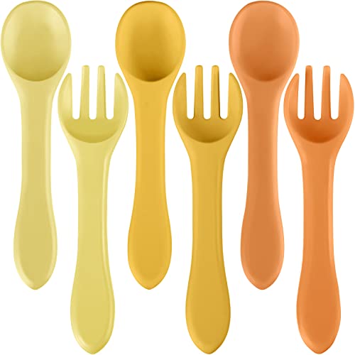 6 Pieces Silicone Baby Feeding Forks and Spoons Set Hot Safety First Stage Self Feeding Supplies Mini Kids Utensils for over 6 Months Babies Boy Girl Toddlers First Foods (Vitality Color,Simple Style)